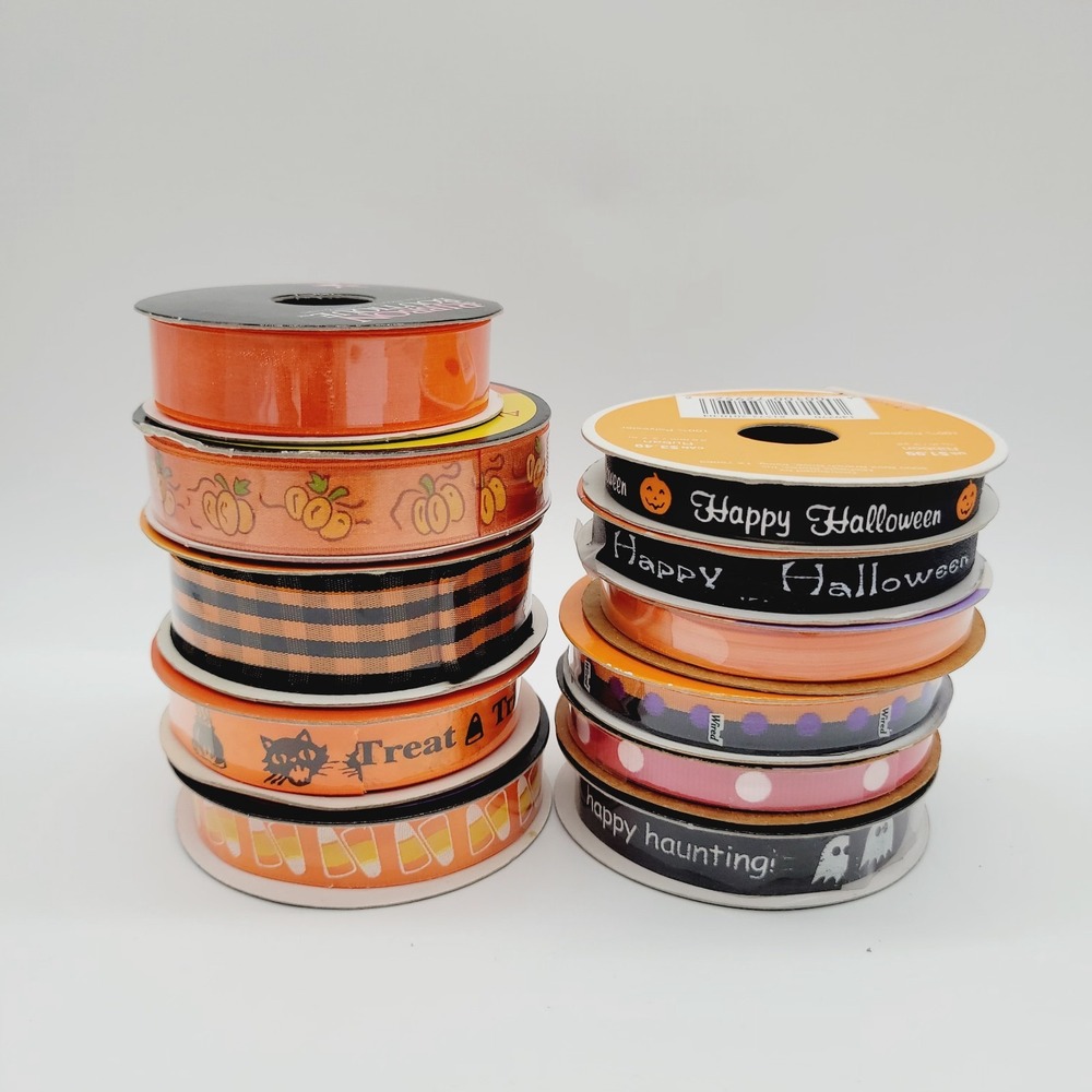 Lot 11 Piece Fall Halloween Craft Ribbon Rolls New/Used Pumpkin Ghost Cat Candy